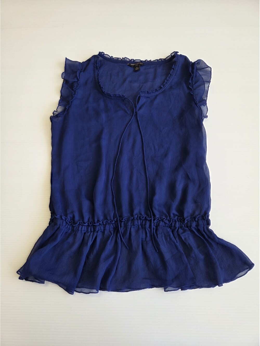 Banana Republic blue silky poly chiffon peplum ruffle top elastic drop waist PS